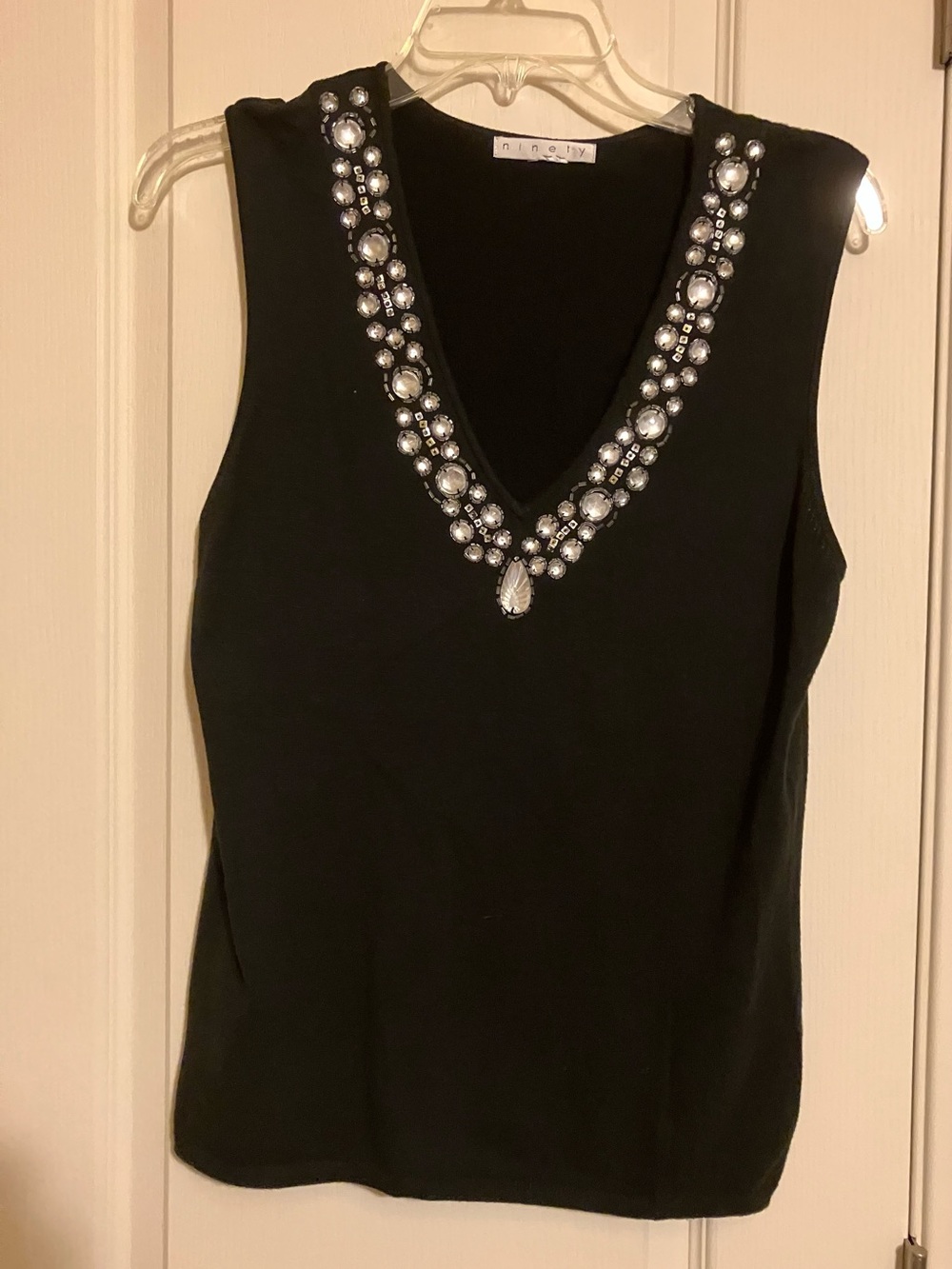Ninety Black V-Neck Tank with Crystal Trim